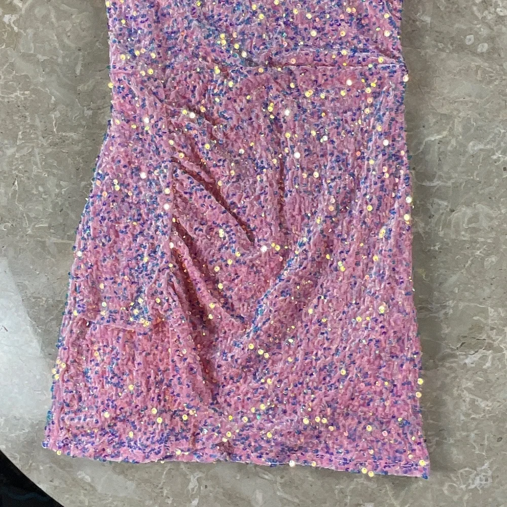 Zunie Pink Sequin Dress with Feather Detail Size 14
